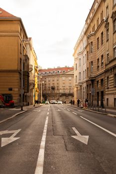 Classic architecture street scene in Zagreb, Croatia on a winter day.