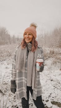 Woman enjoys a hot drink on a winter walk in snowy Cheadle, England, staying warm in a stylish outfit.