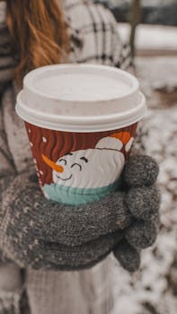 Woman holding hot drink at a snowy winter setting in Cheadle, UK. Festive holiday vibe.