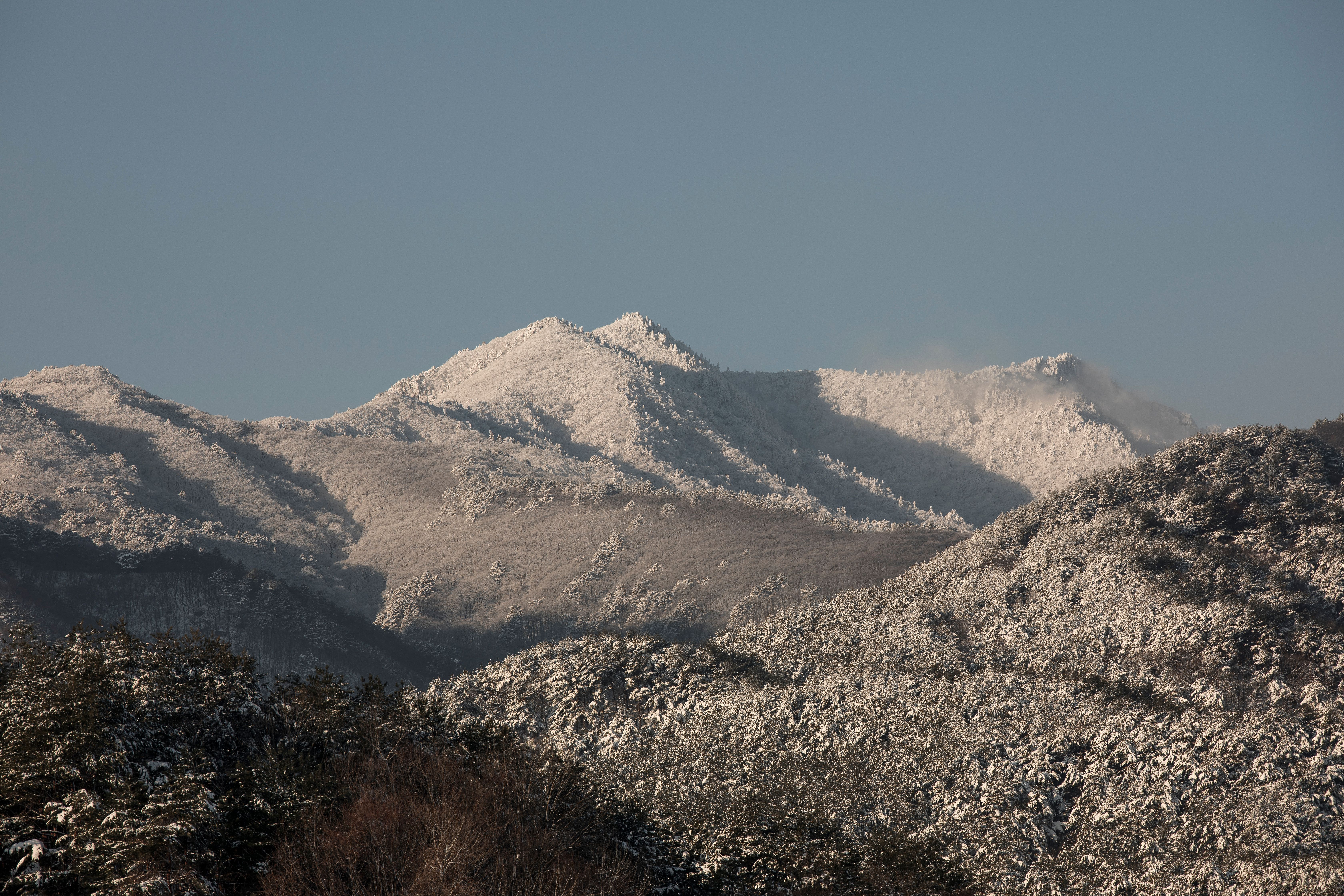 Snowy Mountain Peaks Under Clear Blue Sky · Free Stock Photo