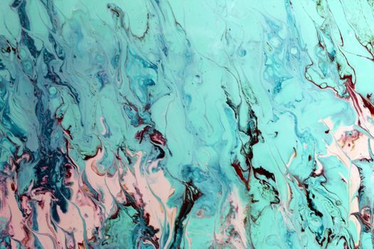 Vibrant abstract marble texture with swirling aqua and pink colors, resembling fluid movement.
