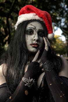 A woman in gothic cosplay with Santa hat poses outdoors. Vibrant and creative.