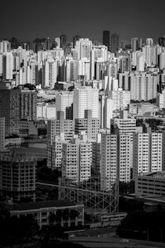 A dramatic black and white cityscape featuring dense urban skyscrapers under a twilight sky.