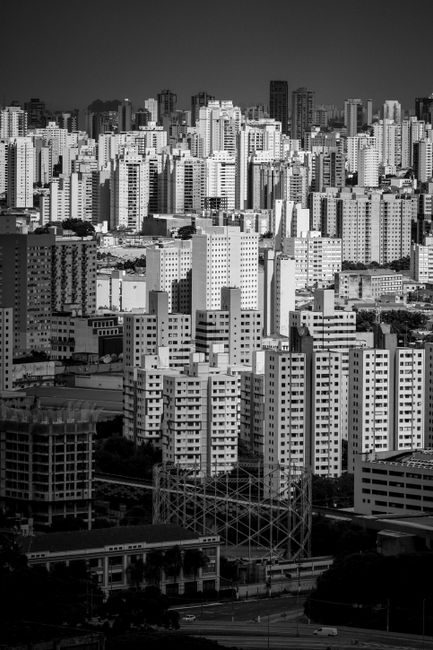 A dramatic black and white cityscape featuring dense urban skyscrapers under a twilight sky.