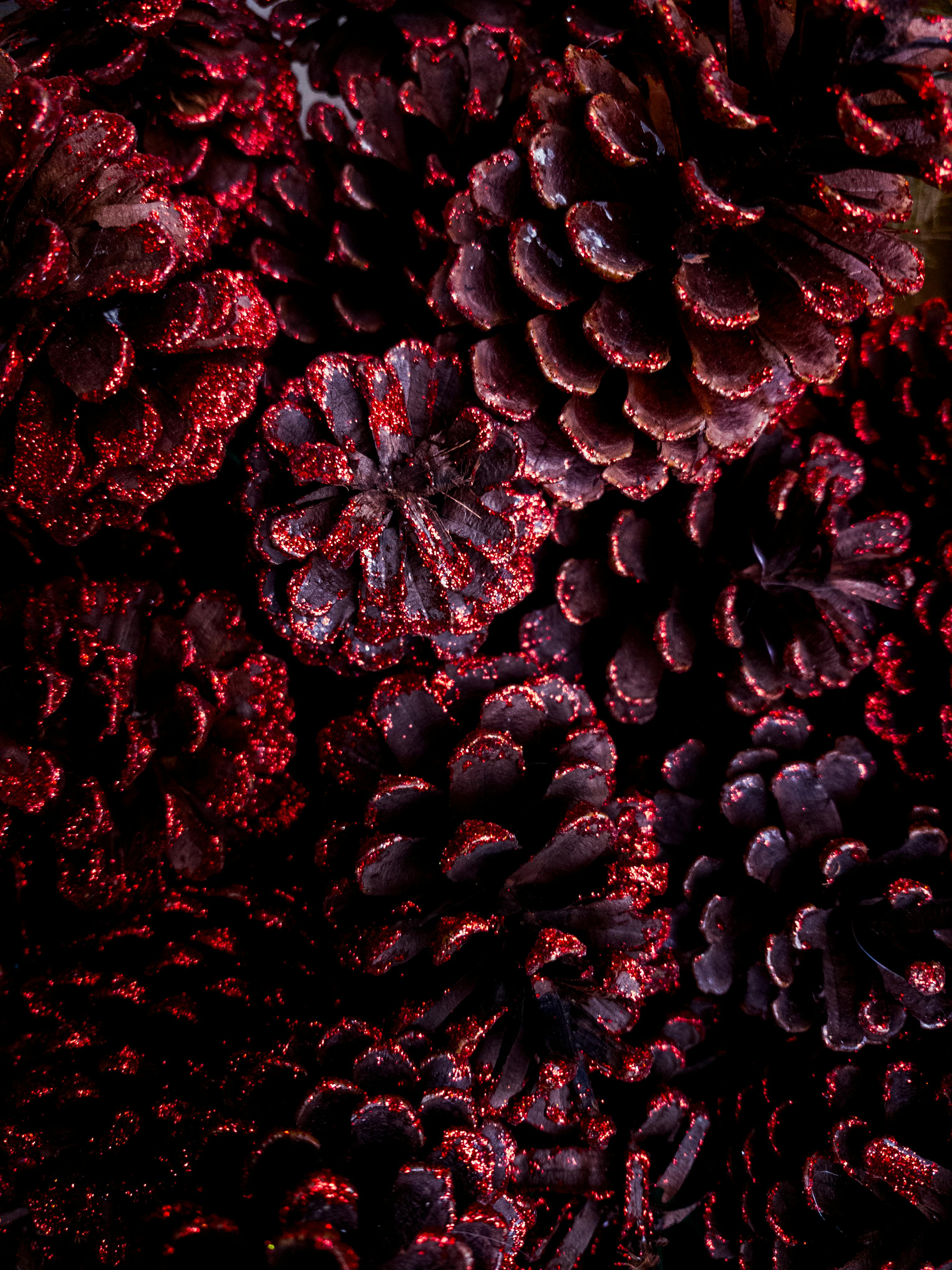 Close-up of red glittery pine cones creating a festive and moody Christmas ambiance.