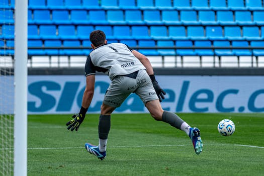 Soccer goalkeeper ready to defend goal during match in outdoor stadium.