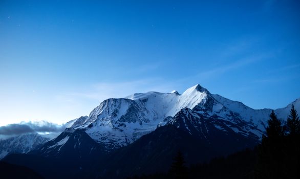 Snow-covered Mont Blanc in Chamonix under a clear morning sky.