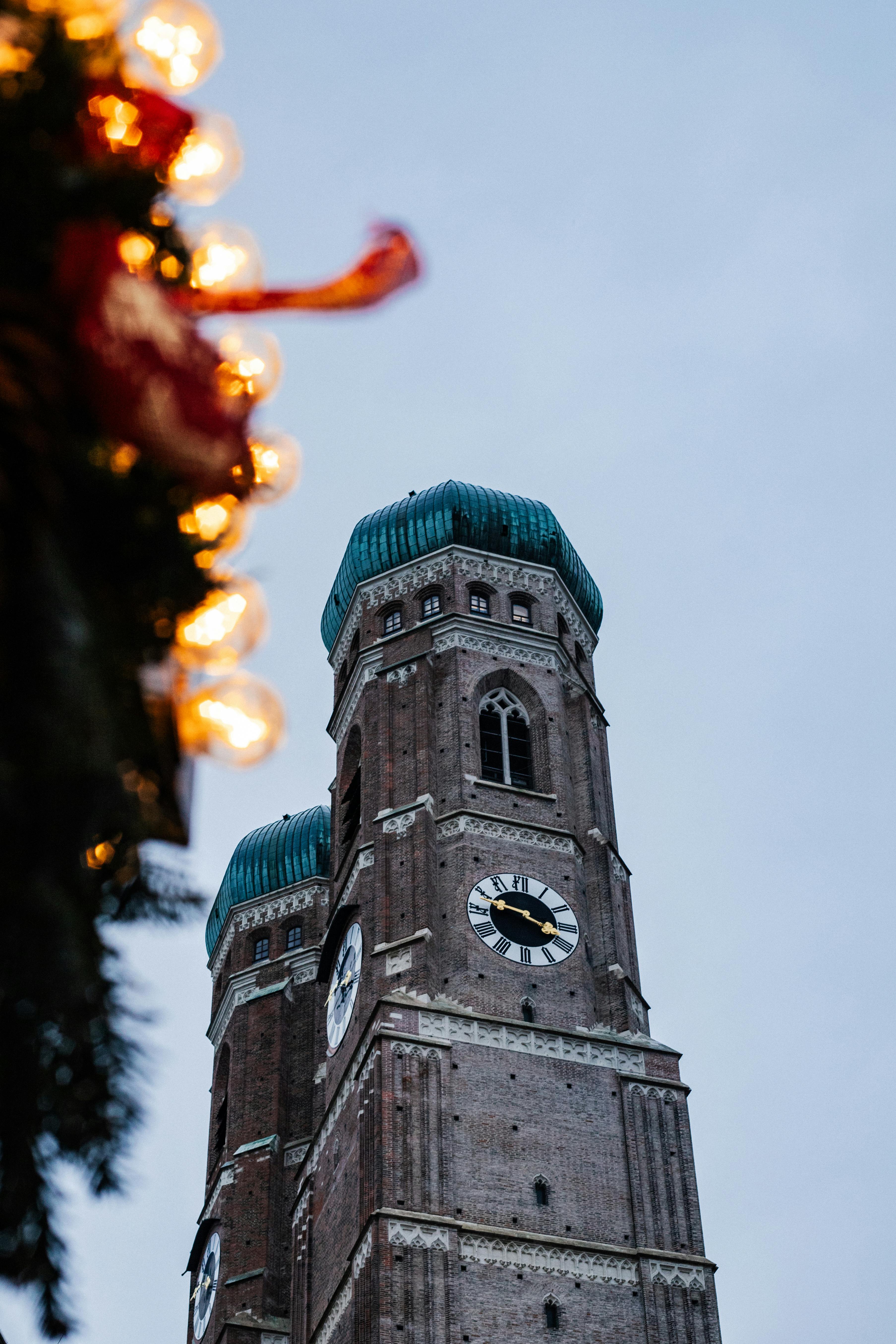 frauenkirche in munich with festive lights