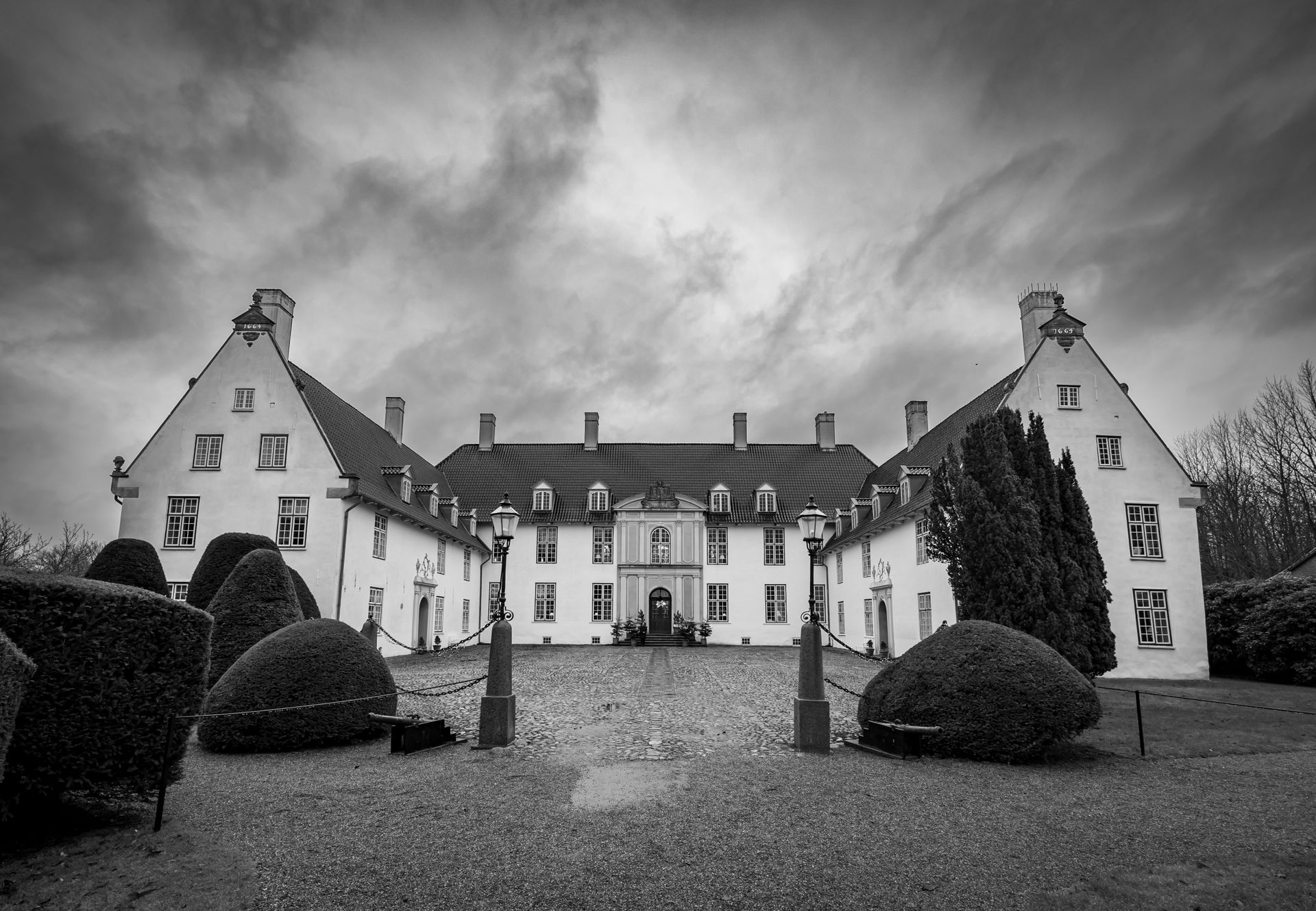 Captivating black and white photo of a historic castle in Møgeltønder, Denmark.