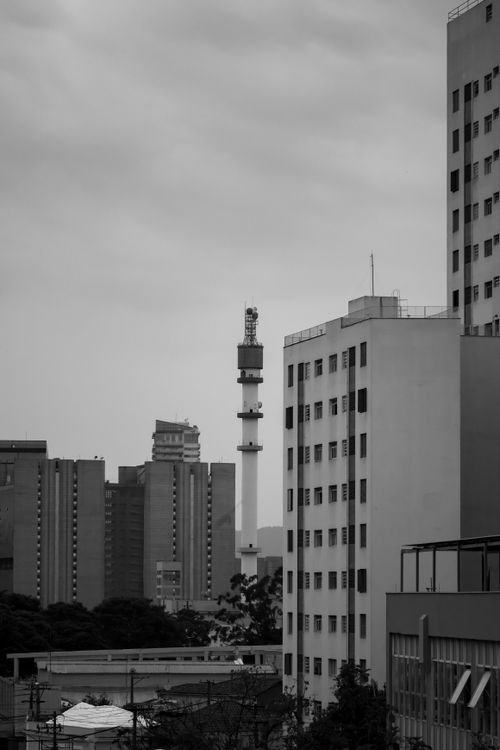 Free Black and white cityscape featuring skyscrapers and telecommunications tower in an urban setting. Stock Photo