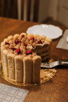 A delicious tiramisu cake adorned with ladyfingers and cherries, perfect dessert inspiration.