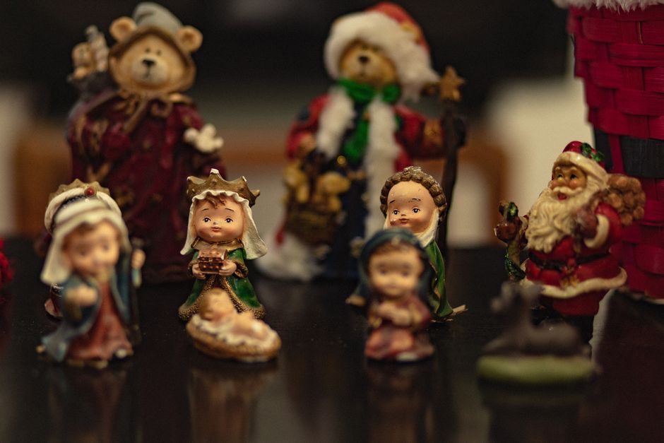 Charming collection of nativity scene figurines with a Christmas theme, featuring bears and traditional characters.
