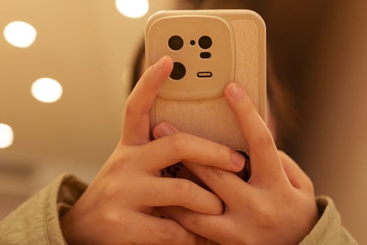Close-up shot of hands holding a smartphone indoors, focused on back cover.