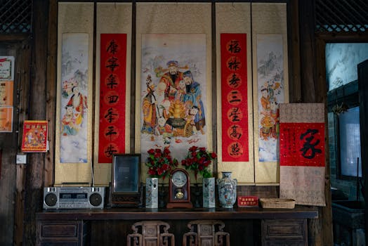 Interior view of a traditional Chinese home featuring decorative scrolls, art, and vintage items.
