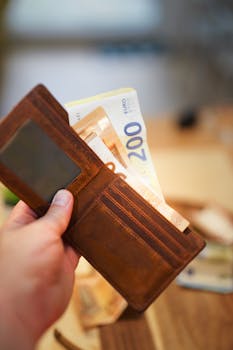 A hand holding a brown leather wallet with visible euro banknotes, symbolizing finance and spending.