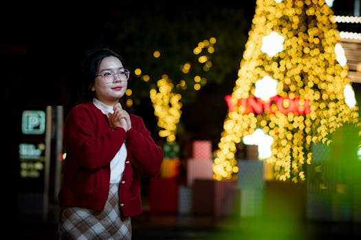 Woman enjoying festive lights at night in Hà Giang, Vietnam.