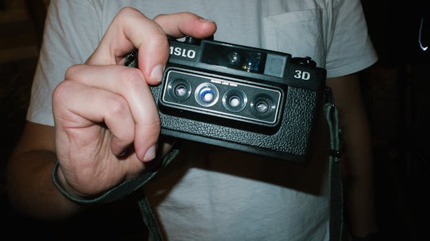 Close-up of a person holding a classic Nimslo 3D film camera, showcasing its retro design.