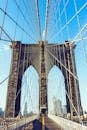 在纽约市蔚蓝的天空下，布鲁克林大桥的标志性景观展现了其建筑风貌