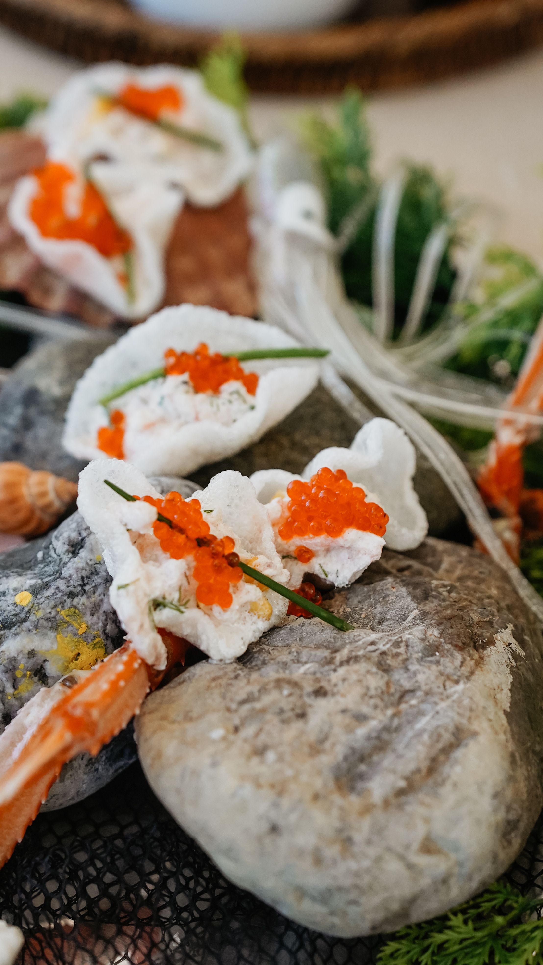 Kostnadsfria Utsökt gourmetfisktallrik med röd kaviar och räkor elegant framställd på klippor. Stock foto