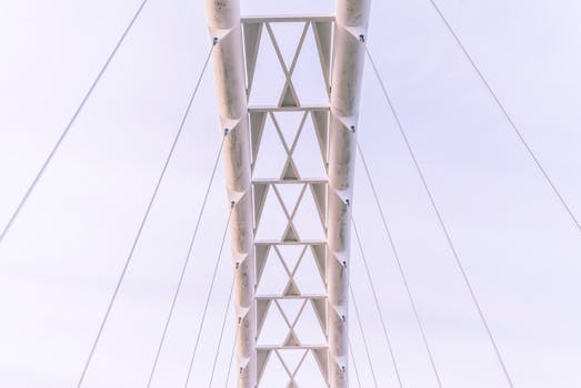 现代吊桥的低角度镜头突显了其建筑设计和钢结构