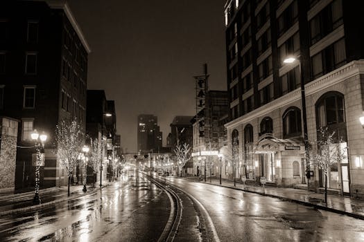 Captivating monochrome view of Stamford city street at twilight, reflecting moist ambiance.