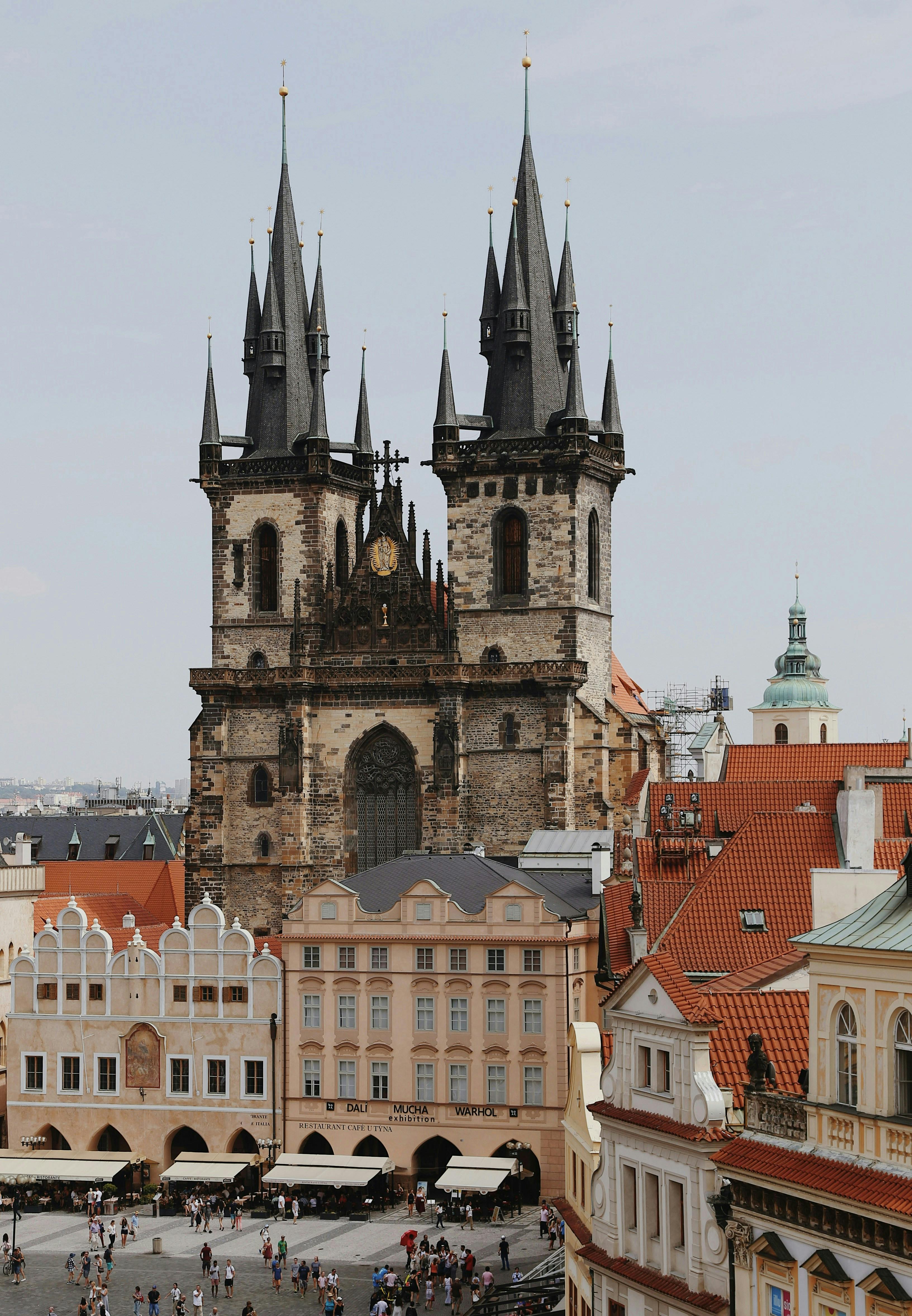 Aerial view of the historic Church of Our Lady before Týn in Prague, Czechia's Old Town Square.