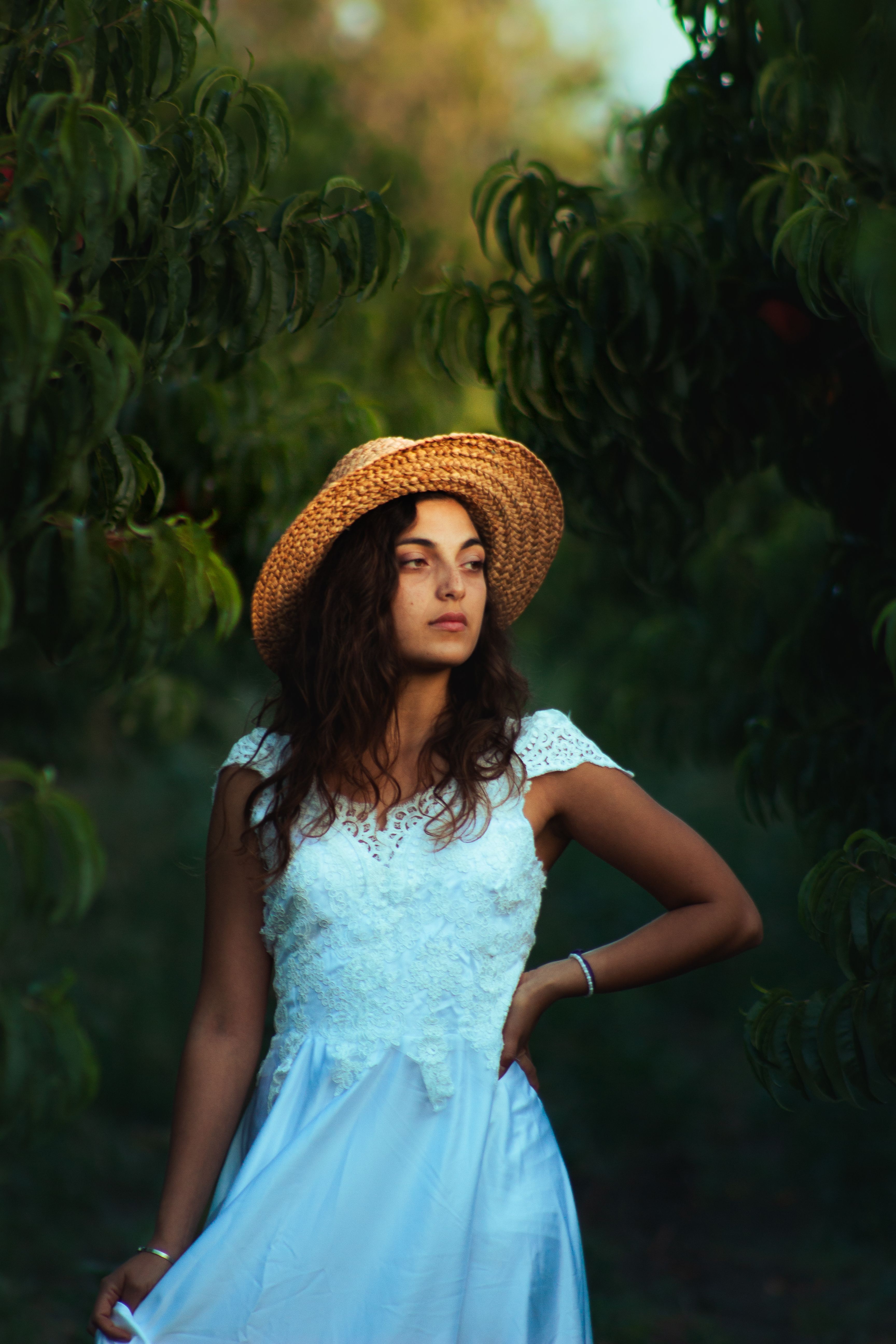 Woman in Summer Dress and Straw Hat in Orchard · Free Stock Photo