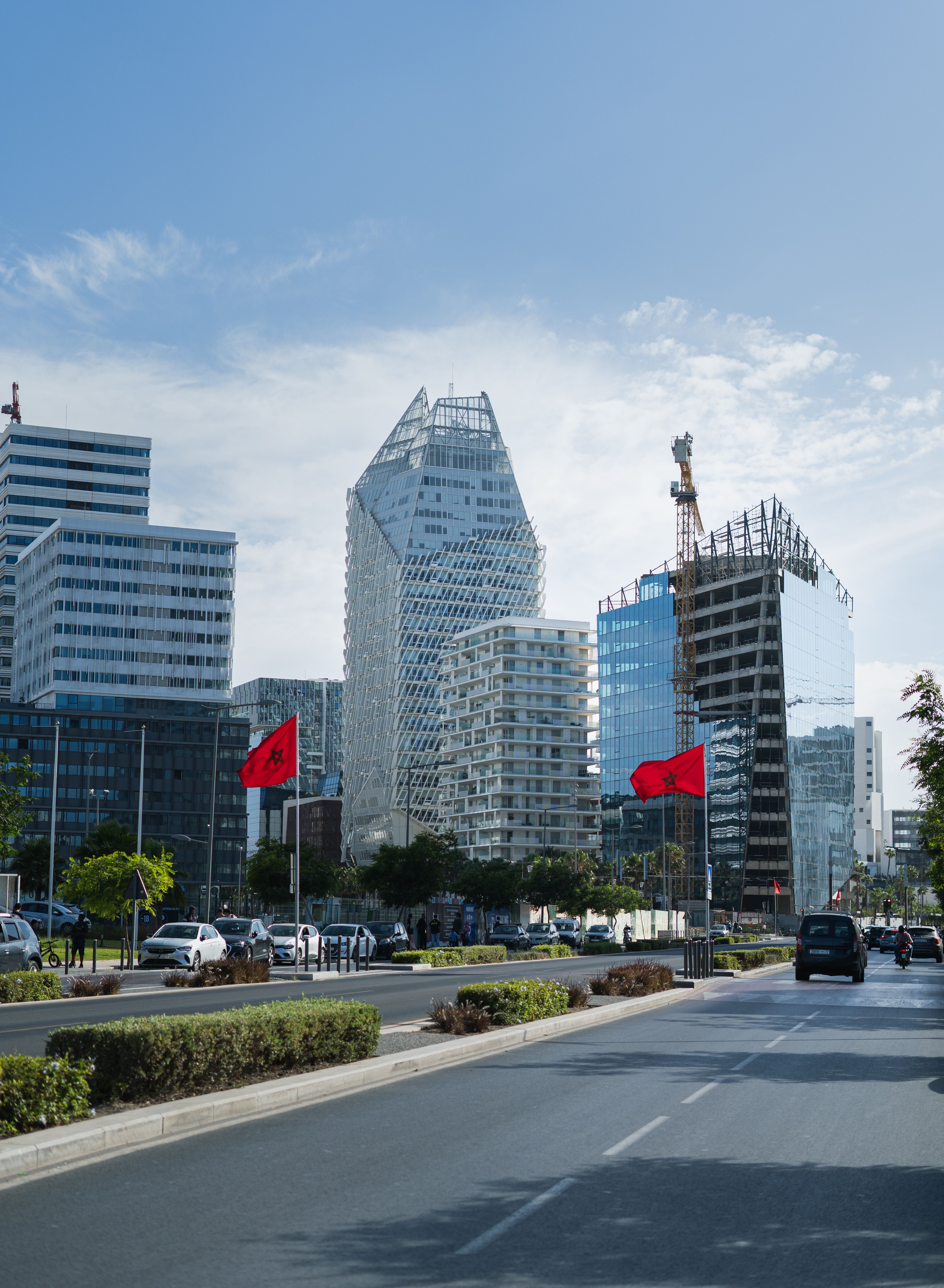 Modern Skyline Of Casablanca With Moroccan Flags Free Stock Photo