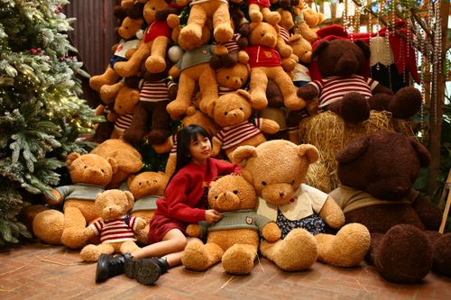 Free Girl in red with teddy bears in a festive Christmas setting in Hội An, Vietnam. Stock Photo