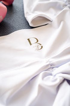 Close-up of white athletic wear with logo on a black yoga mat, featuring a pink dumbbell.