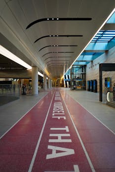 Spacious airport terminal featuring motivational message and modern design elements.