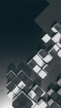 Minimalist 3D render of abstract geometric cubes in grayscale tones.
