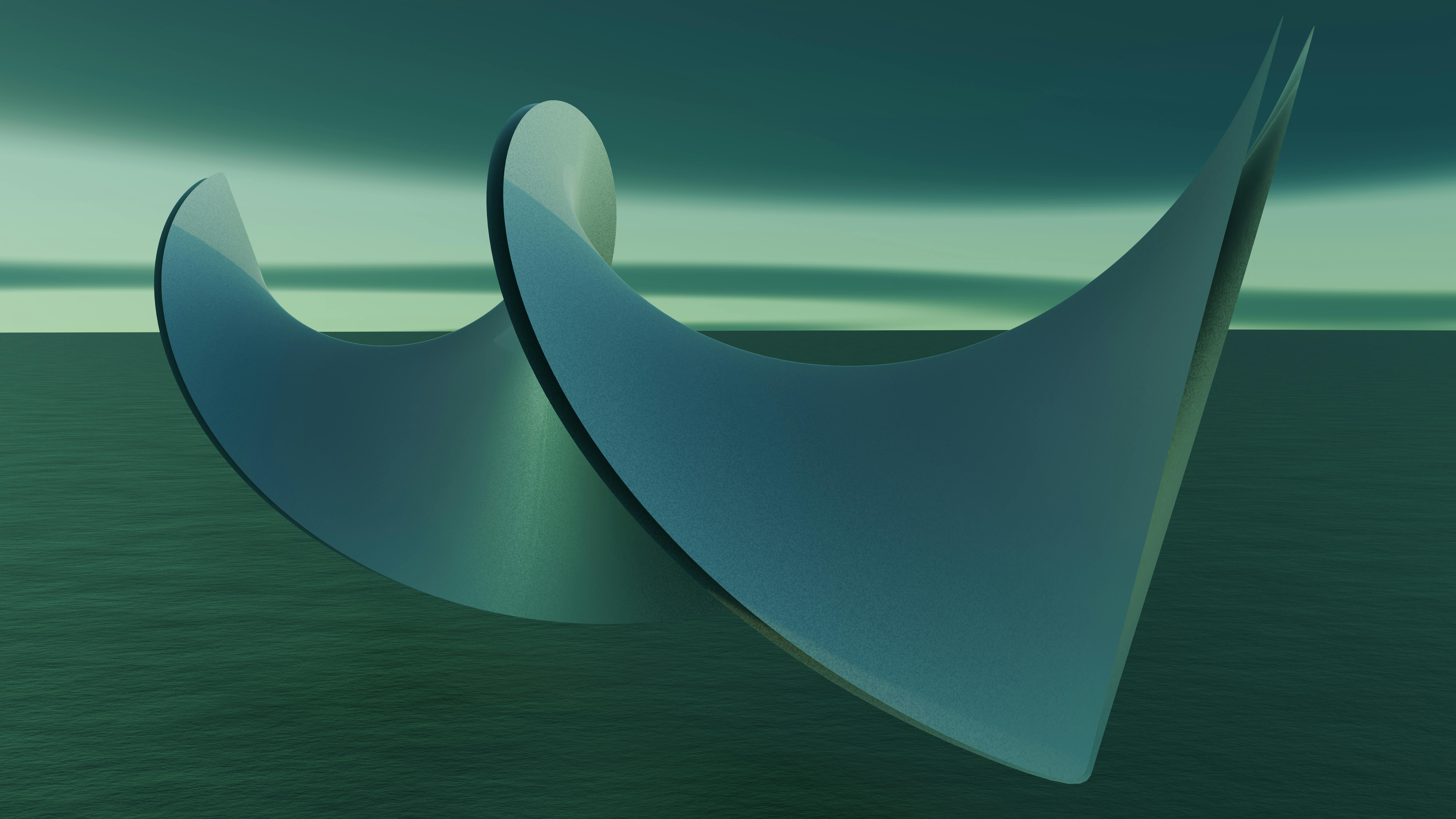 Zadarmo 3D abstraktný geometrický dizajn s futuristickými krivkami nad pokojnou scénou oceánu. Fotka z fotobanky