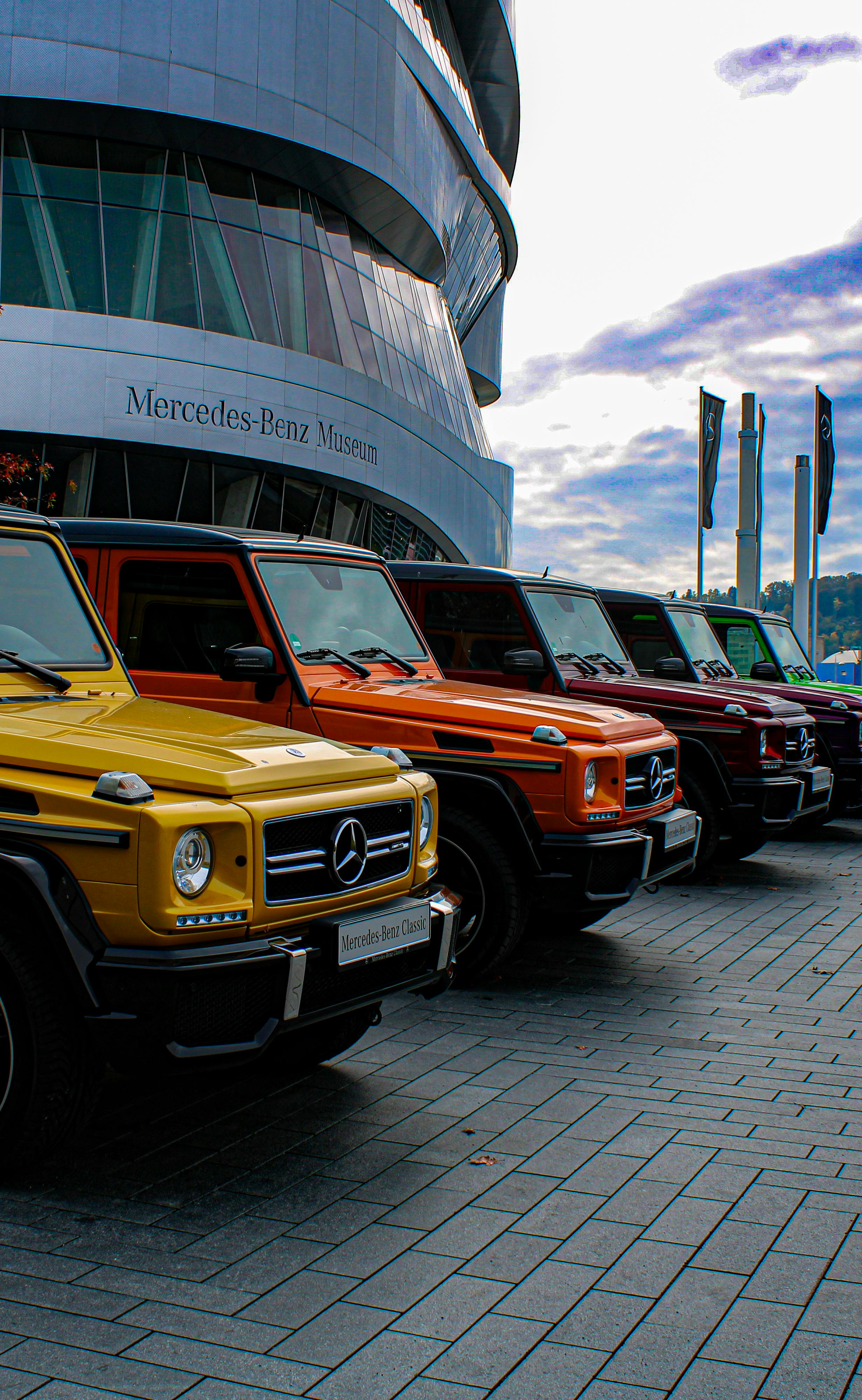 colorful mercedes benz suvs at stuttgart museum