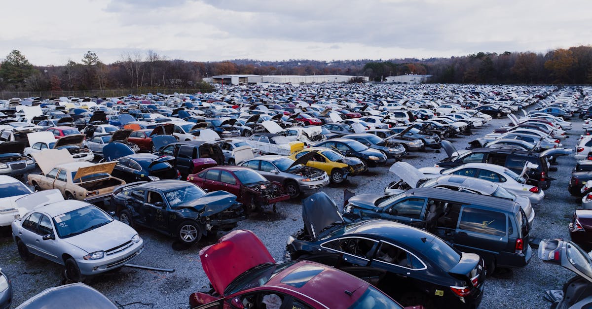 Wide view of a large car junkyard in Chattanooga with numerous vehicles showing signs of wear.