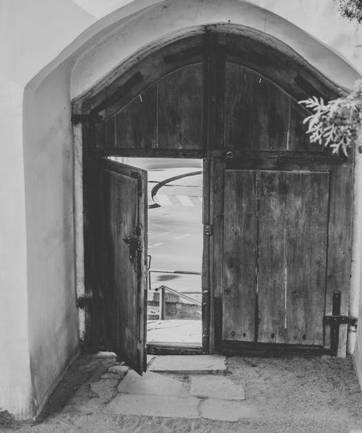Free stock photo of black and white photo, doorway, huge doorway leading to street