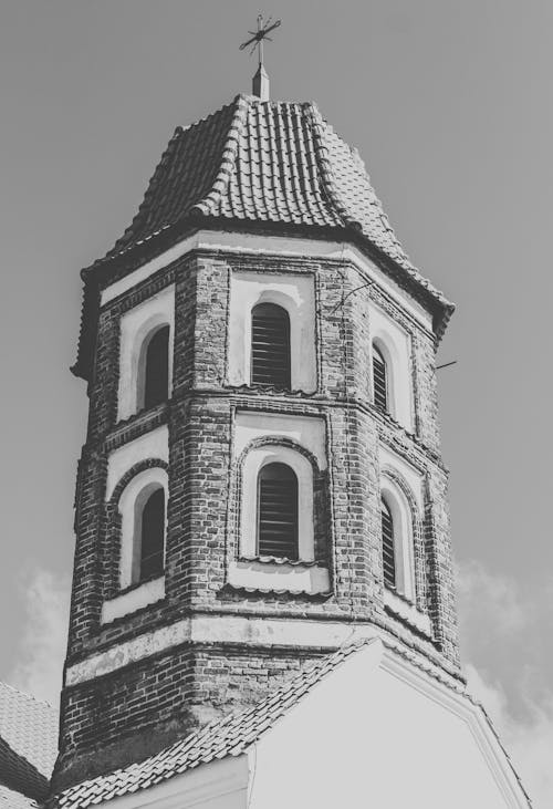 Free stock photo of black and white photo, brick tower, church tower