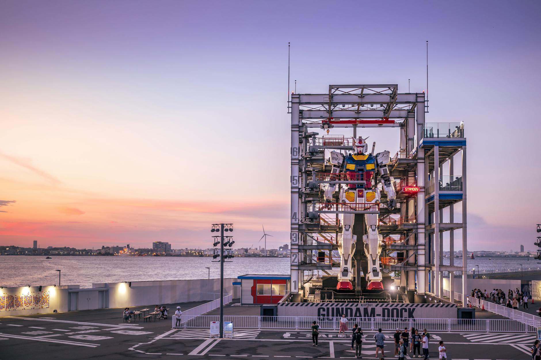 Life-Sized Gundam Statue at Sunset in Yokohama