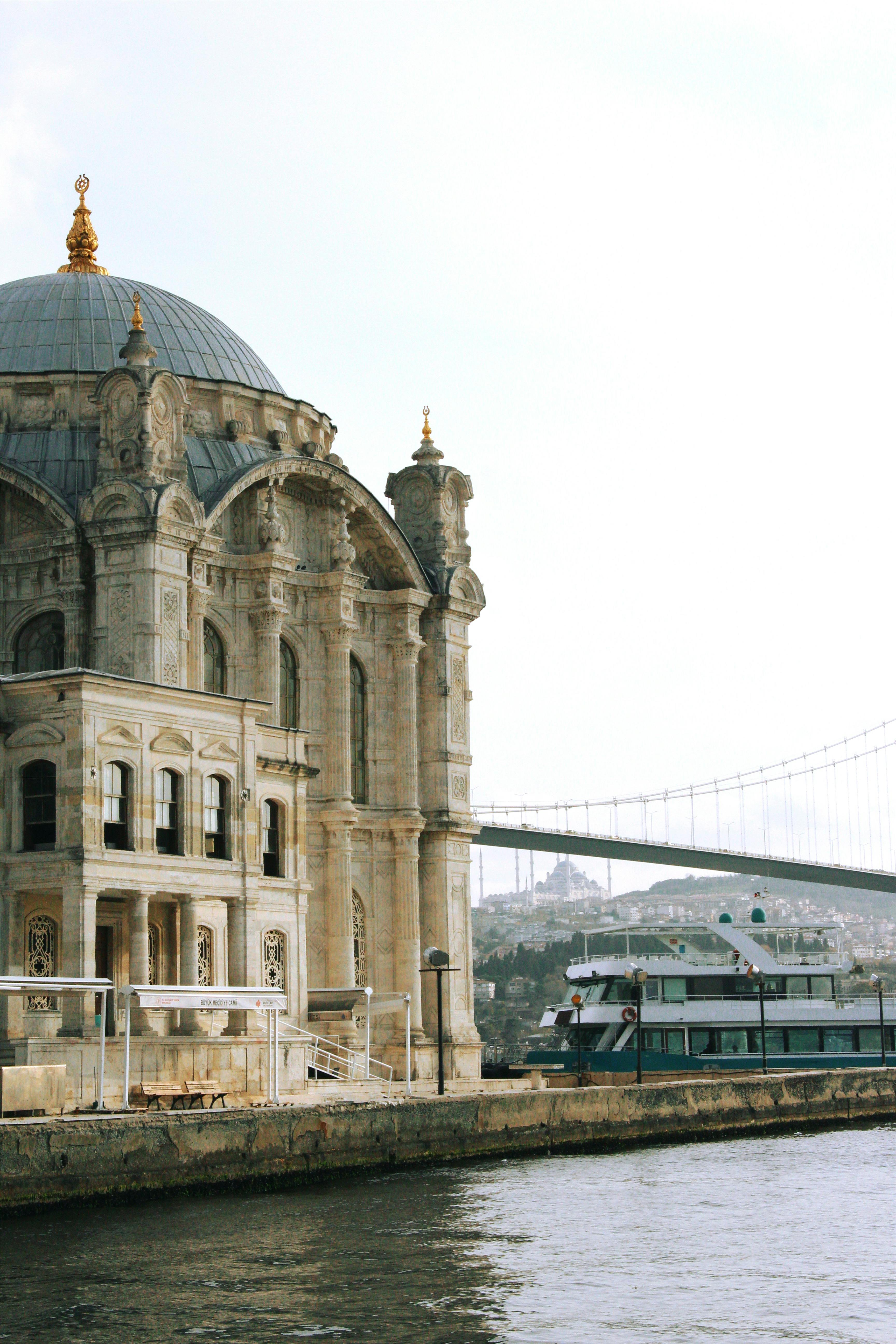 Scenic view of Ortaköy Mosque by the Bosphorus with the iconic bridge in İstanbul, Türkiye.
