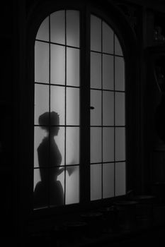 A mysterious silhouette of a woman stands behind a frosted glass window, evoking intrigue.