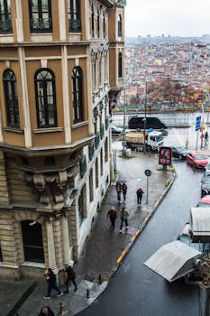 A vibrant street scene in Istanbul showcasing historic architecture and bustling urban life.