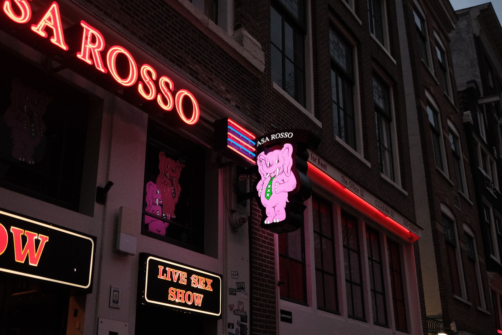 Vibrant neon signage outside Casa Rosso in Amsterdam's Red Light District at night.