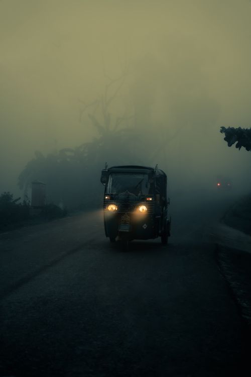 Free A lone rickshaw driving through dense fog on a rural road in Cumilla, Bangladesh, creating a mysterious atmosphere. Stock Photo