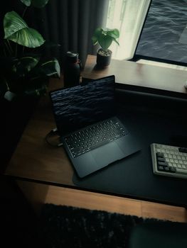 Dimly lit home office space with a laptop, keyboard, and greenery for a cozy workspace vibe.