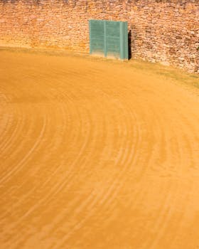 Curved bullfighting arena with a sunlit sandy ground and stone wall in the background.