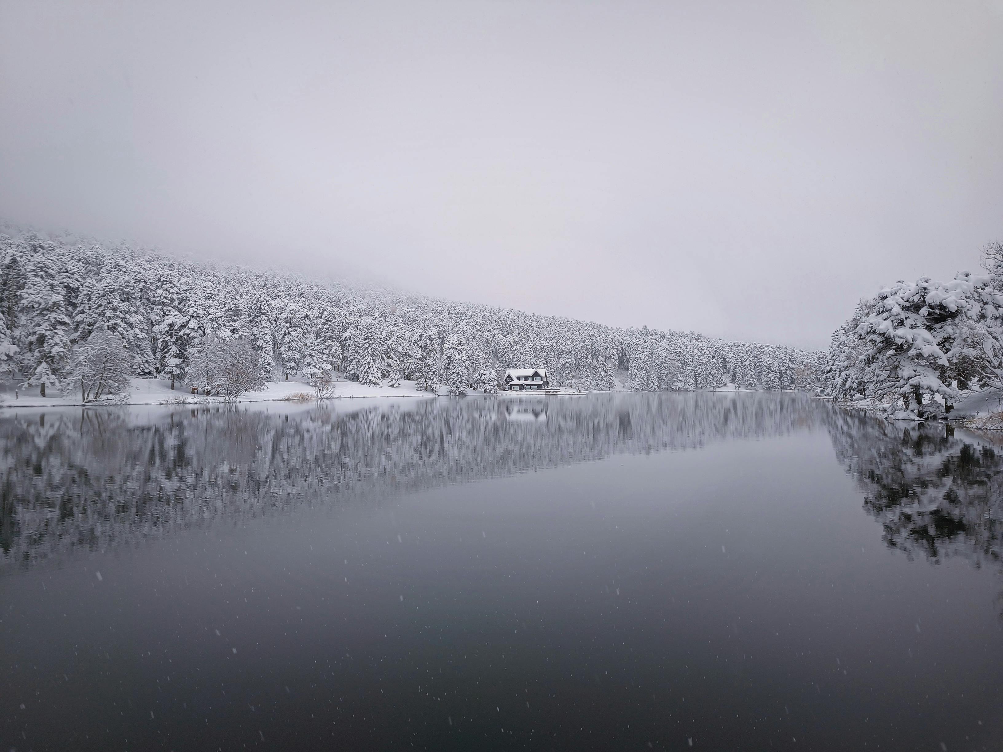 snowy lake landscape with reflections