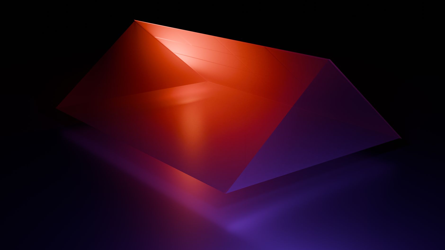 Striking 3D abstract art featuring a vibrant red and purple geometric prism on a dark background.