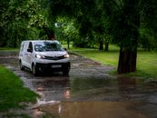 White van driving on a wet park road on a rainy day in Bratislava, Slovakia.