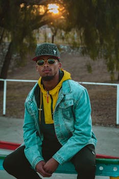 一位时尚的男人身着牛仔夹克、戴着太阳镜，坐在户外欣赏日落，散发着时尚与态度