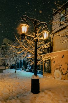 A tranquil winter street scene featuring a glowing lamp post covered in snowflakes falling gently at night.